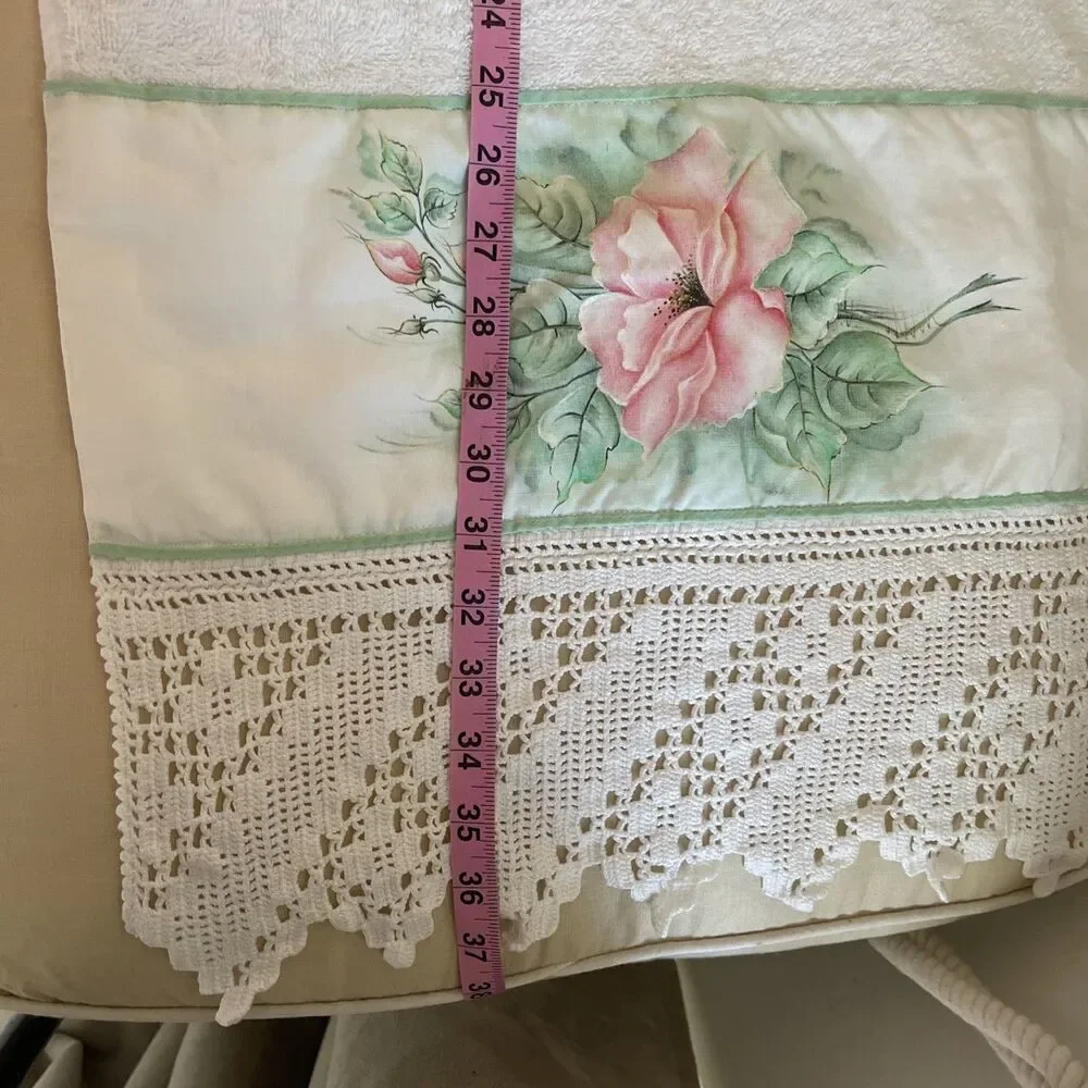 Vintage Hand Towel Vintage Painted Handmade Crochet Lace Trim 16”x 36”